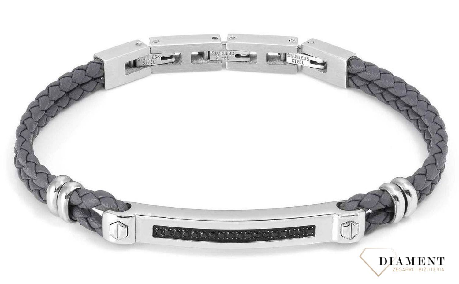 Bransoletka męska Nomination Italy Manvision szara skórzana z czarnymi cyrkoniami 133002 007.Bransoletka z szarej skóry i stali szlachetnej z eleganckimi detalami i cyrkoniami. Bezpieczne zapięcie na zatrzask ze srebrnej s.jpg